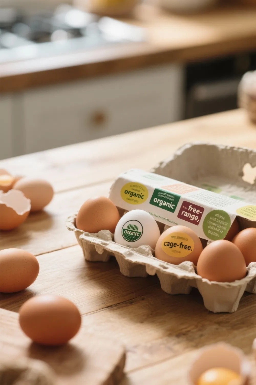 Carton of assorted eggs with mixed labels like organic and cage-free on a wooden surface, symbolizing confusion about egg labeling and health claims.