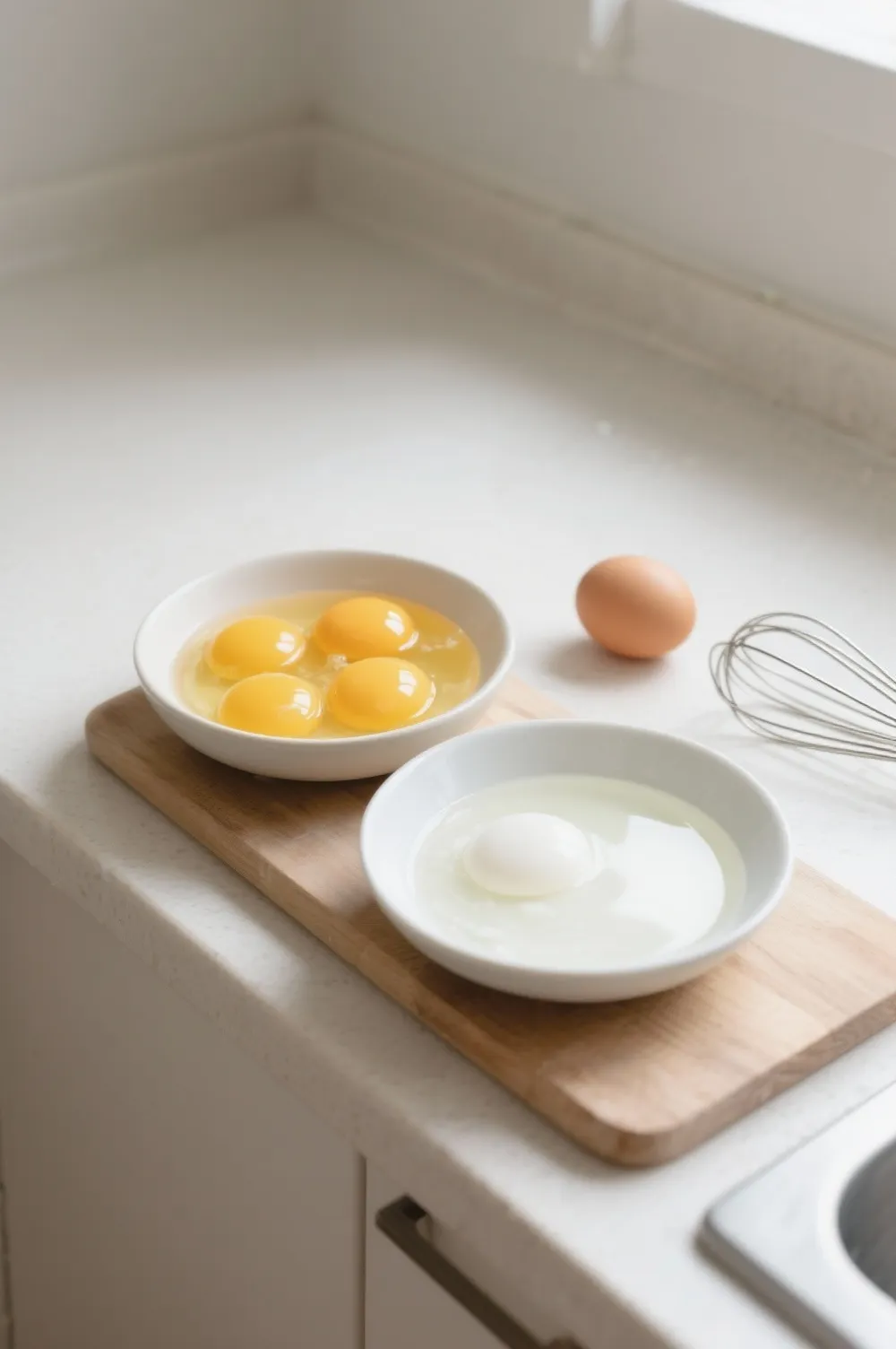 Separated egg yolks and whites in small bowls on a bright kitchen surface, symbolizing the myth and truth about yolk versus white nutrition.