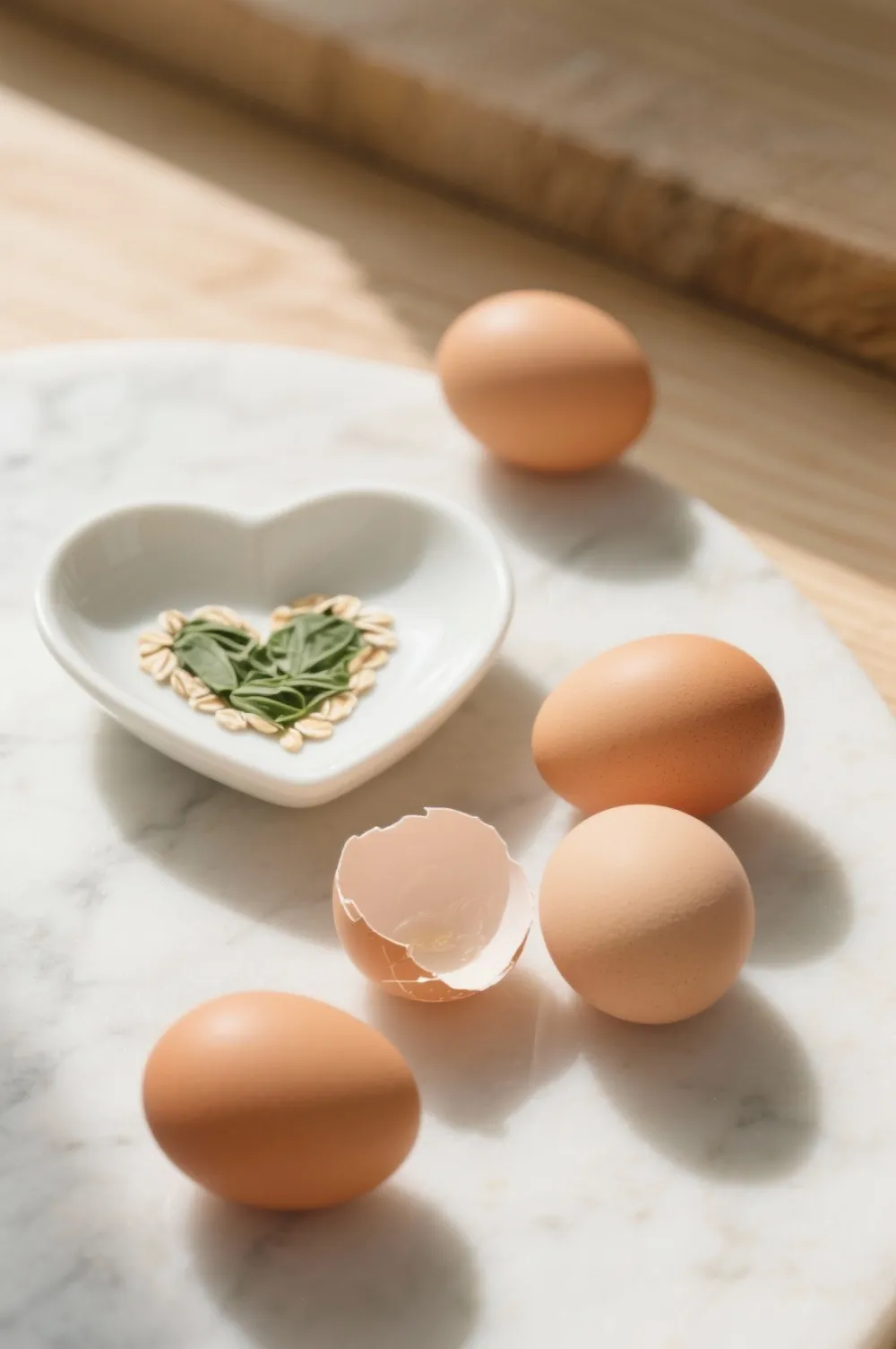 Fresh eggs arranged beside a heart-shaped dish on a bright table, symbolizing balanced nutrition and the truth about eggs and cholesterol.