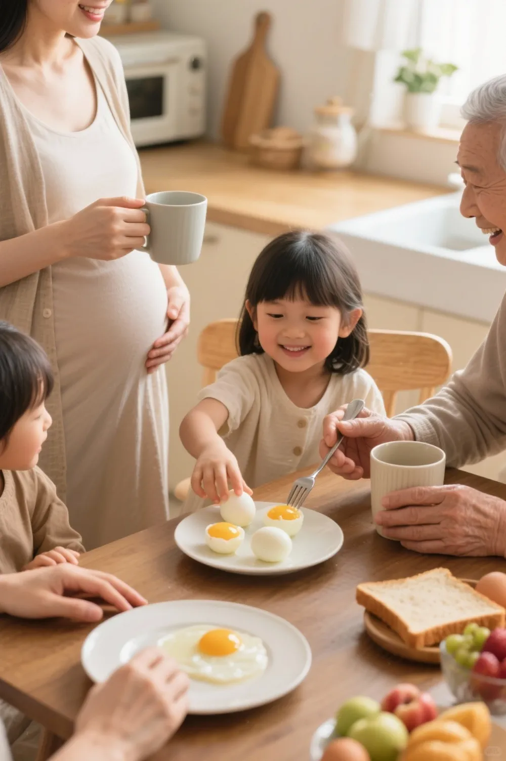 Family hands of different ages reaching for eggs on a breakfast table, symbolizing safe and healthy egg nutrition for pregnancy, children, and older adults.