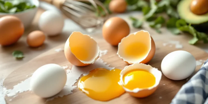 Whole and cracked eggs on a kitchen surface with natural light, symbolizing the truth about egg nutrition, myths, and healthy eating.