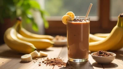 A cacao-banana smoothie in a glass with banana slices and cacao nibs on a sunny wooden table.