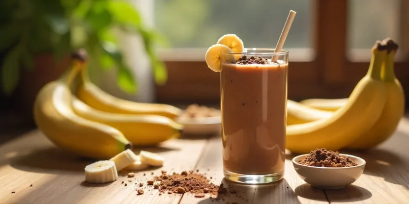 A cacao-banana smoothie in a glass with banana slices and cacao nibs on a sunny wooden table.