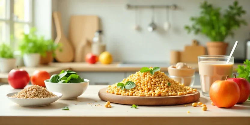 Healthy high-fiber foods including vegetables, fruits, grains, and proteins arranged on a bright kitchen table — illustrating the F-Factor Diet.