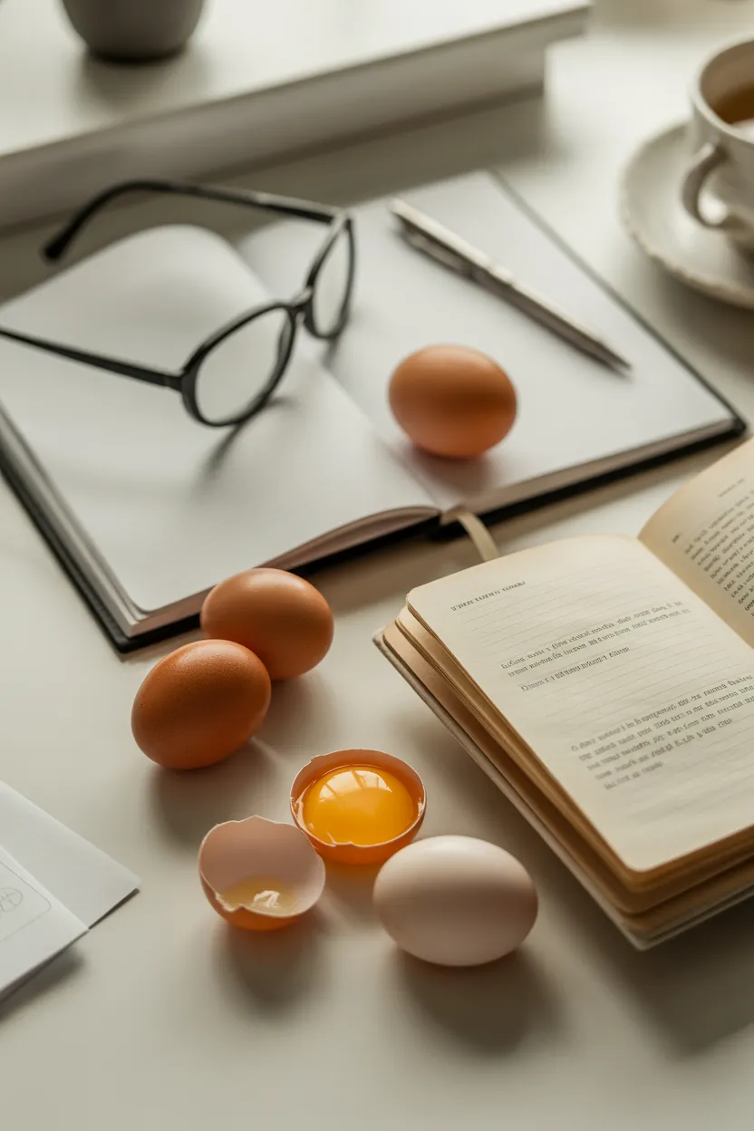 Eggs arranged beside an open notebook and cup on a bright table, symbolizing research, learning, and clarity in answering common egg nutrition questions.