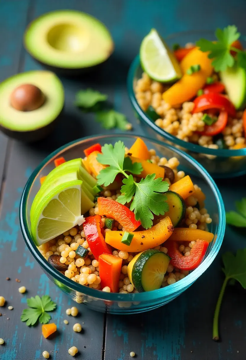 Quinoa fajita bowls with peppers, onions, zucchini, avocado, cilantro, and lime wedges in meal-prep containers.