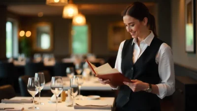 A food and beverage manager in a modern restaurant reviewing menus and preparing staff for service, with a polished dining setup in the background.
