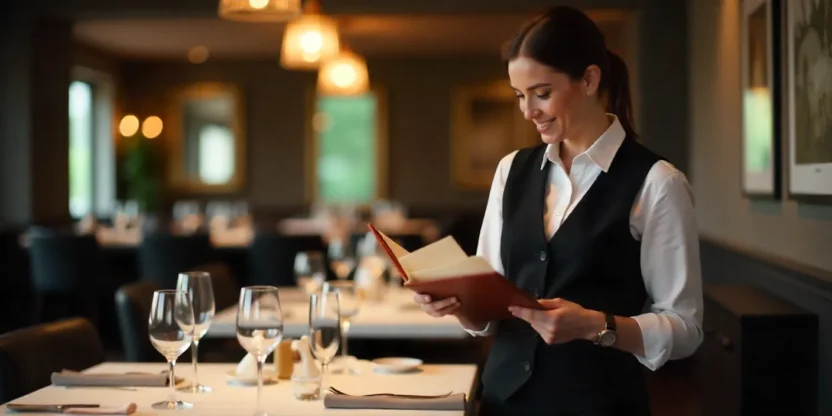 A food and beverage manager in a modern restaurant reviewing menus and preparing staff for service, with a polished dining setup in the background.