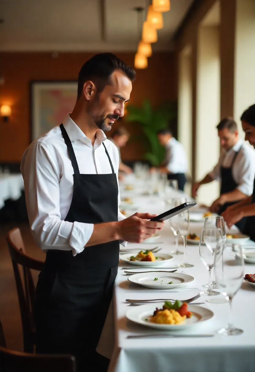 Food and beverage manager reviewing operations with staff in a stylish restaurant dining room, checking table setup and service readiness.