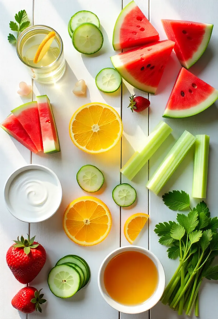 Fresh hydrating foods including watermelon, cucumber, oranges, strawberries, grapes, and leafy greens arranged on a bright surface with tea and yogurt.