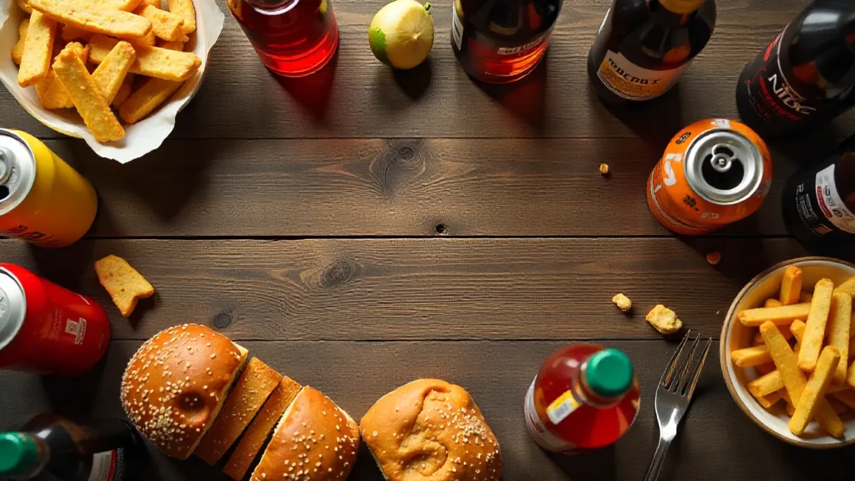 Flat lay of fried snacks, soda, and alcohol with a brain silhouette in the background, symbolizing foods to limit for better brain health.