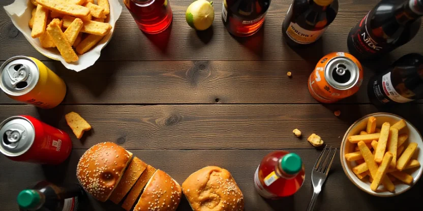 Flat lay of fried snacks, soda, and alcohol with a brain silhouette in the background, symbolizing foods to limit for better brain health.