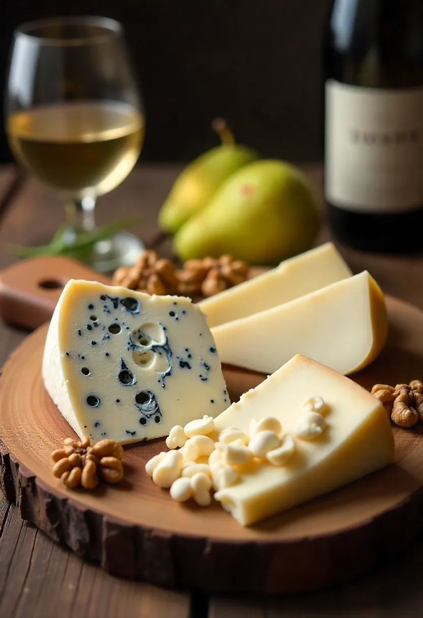 French blue cheeses including Roquefort, Bleu d’Auvergne, and Bleu 1924 served with pears, walnuts, and dessert wine.