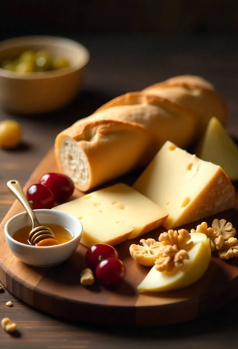 French cheese board with accompaniments including baguette, honey, preserved cherries, cornichons, walnuts, pears, and assorted French cheeses.