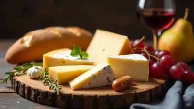 A rustic French cheese board with Brie, Roquefort, Comté, Camembert, and Mimolette, served with baguette, fruit, honey, and red wine.