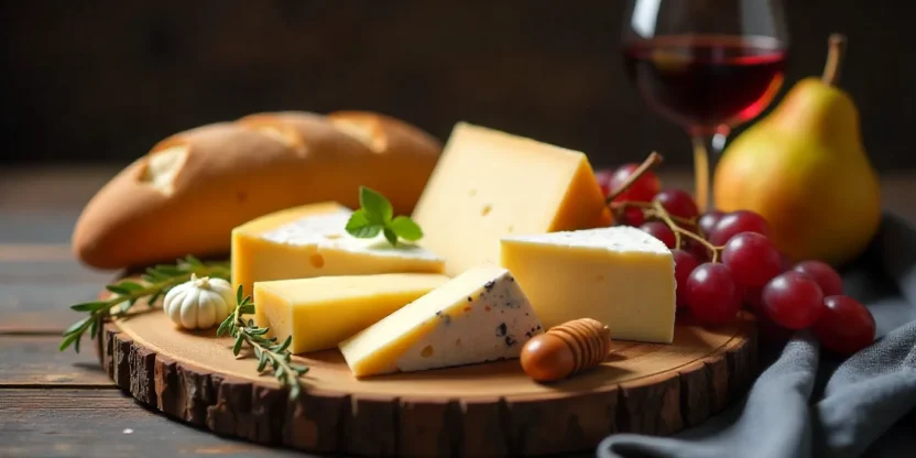A rustic French cheese board with Brie, Roquefort, Comté, Camembert, and Mimolette, served with baguette, fruit, honey, and red wine.