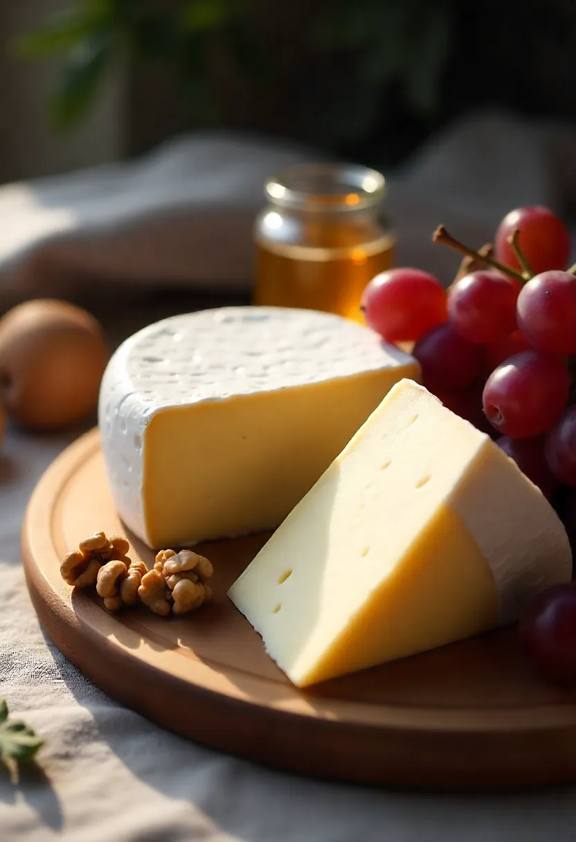 French cheese plate with Comté, Brie, and Roquefort served on a wooden board with grapes, walnuts, and honey.
