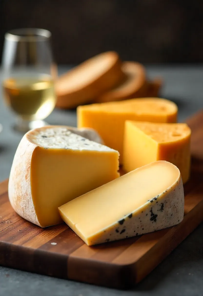 Selection of French hard cheeses including Comté, Tomme de Savoie, Ossau-Iraty, and Mimolette on a wooden board with bread and wine.