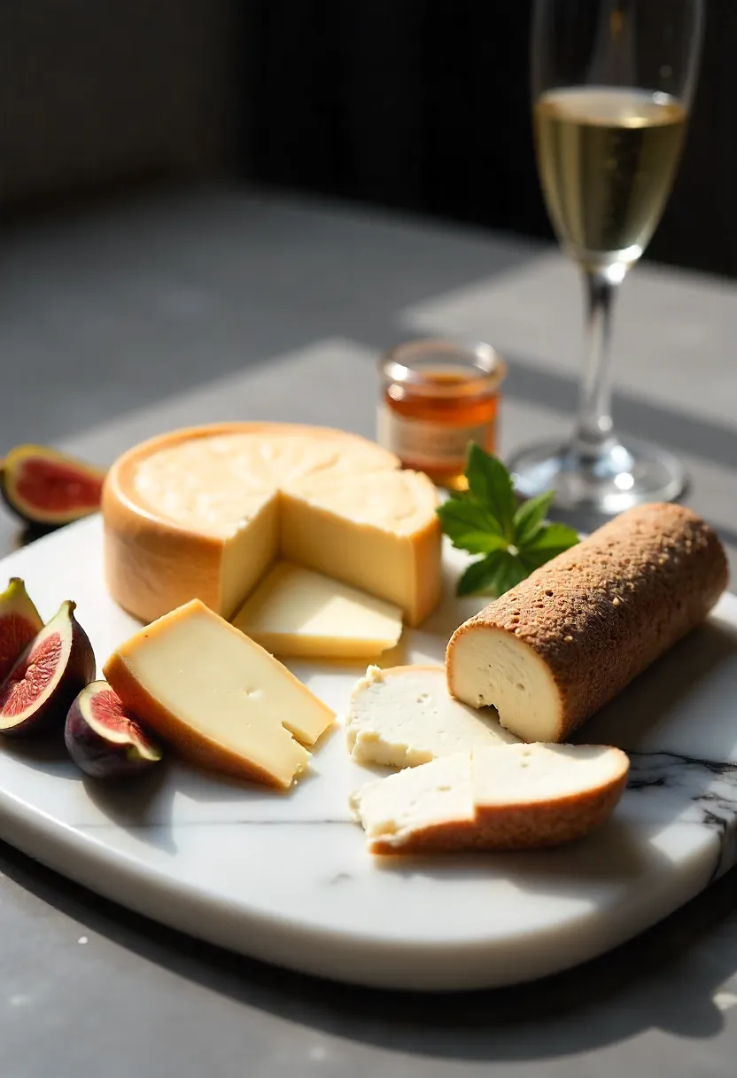 French soft cheeses including Brie, Camembert, goat cheese, and Brillat-Savarin served with figs, honey, and champagne.