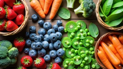 Fresh and frozen fruits and vegetables side by side on a kitchen table — comparing nutrition and freshness for a healthy eating blog.