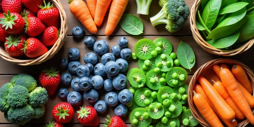 Fresh and frozen fruits and vegetables side by side on a kitchen table — comparing nutrition and freshness for a healthy eating blog.