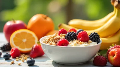 Colorful assortment of fresh fruits like apples, berries, bananas, and citrus arranged on a table, symbolizing healthy, balanced eating and mindful nutrition.