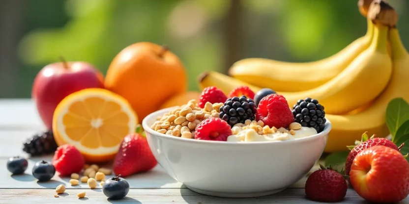 Colorful assortment of fresh fruits like apples, berries, bananas, and citrus arranged on a table, symbolizing healthy, balanced eating and mindful nutrition.