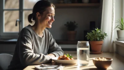 Person sitting calmly at a table after a healthy meal, showing peaceful satisfaction and fullness in a bright, natural kitchen.