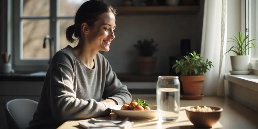 Person sitting calmly at a table after a healthy meal, showing peaceful satisfaction and fullness in a bright, natural kitchen.