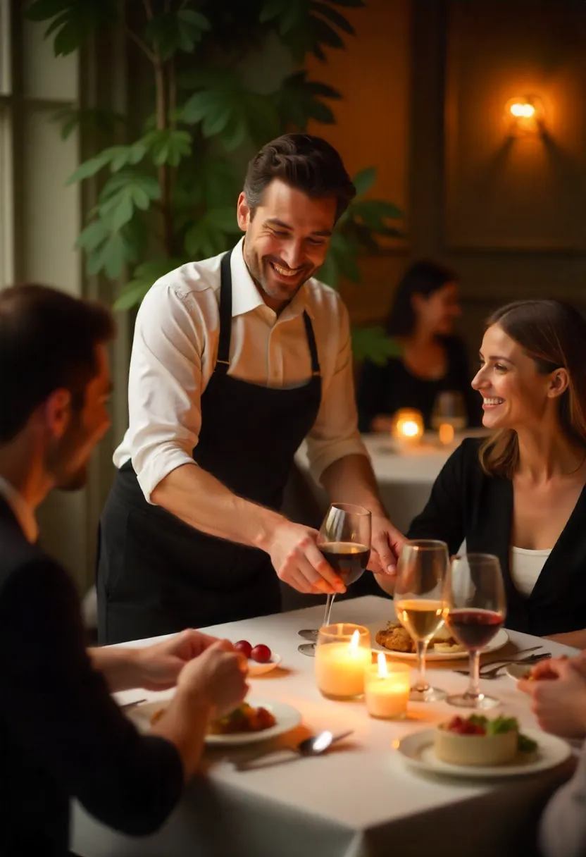 Restaurant staff warmly serving and interacting with guests at an elegant dining table, highlighting hospitality and guest experience.