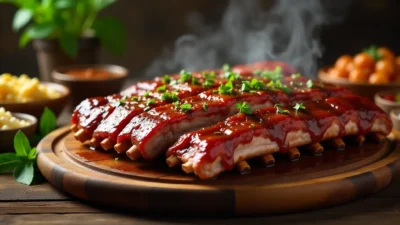 Plate of juicy, glazed ribs with sides, herbs, and sauces, perfect for a backyard BBQ.