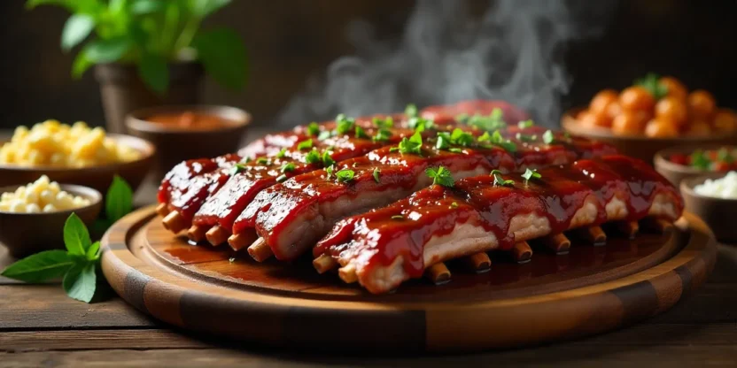 Plate of juicy, glazed ribs with sides, herbs, and sauces, perfect for a backyard BBQ.