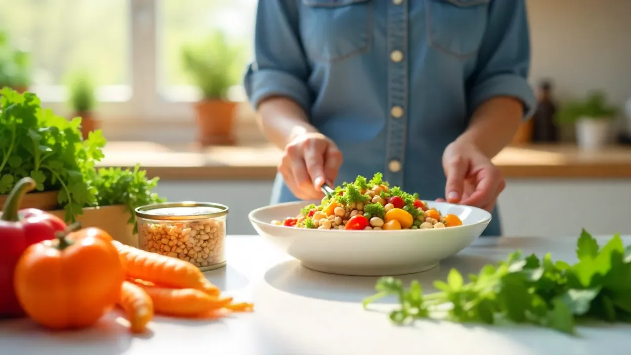 Colorful kitchen scene with healthy convenience foods like beans, grains, and veggies being prepared into a quick nutritious meal.