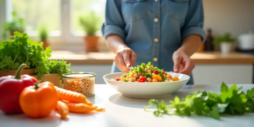 Colorful kitchen scene with healthy convenience foods like beans, grains, and veggies being prepared into a quick nutritious meal.
