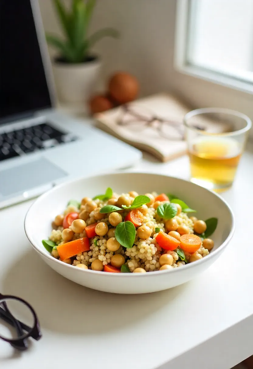 Balanced bowl with quinoa, vegetables, and lean protein on a desk with laptop and water, symbolizing healthy eating for busy adults in their 30s.