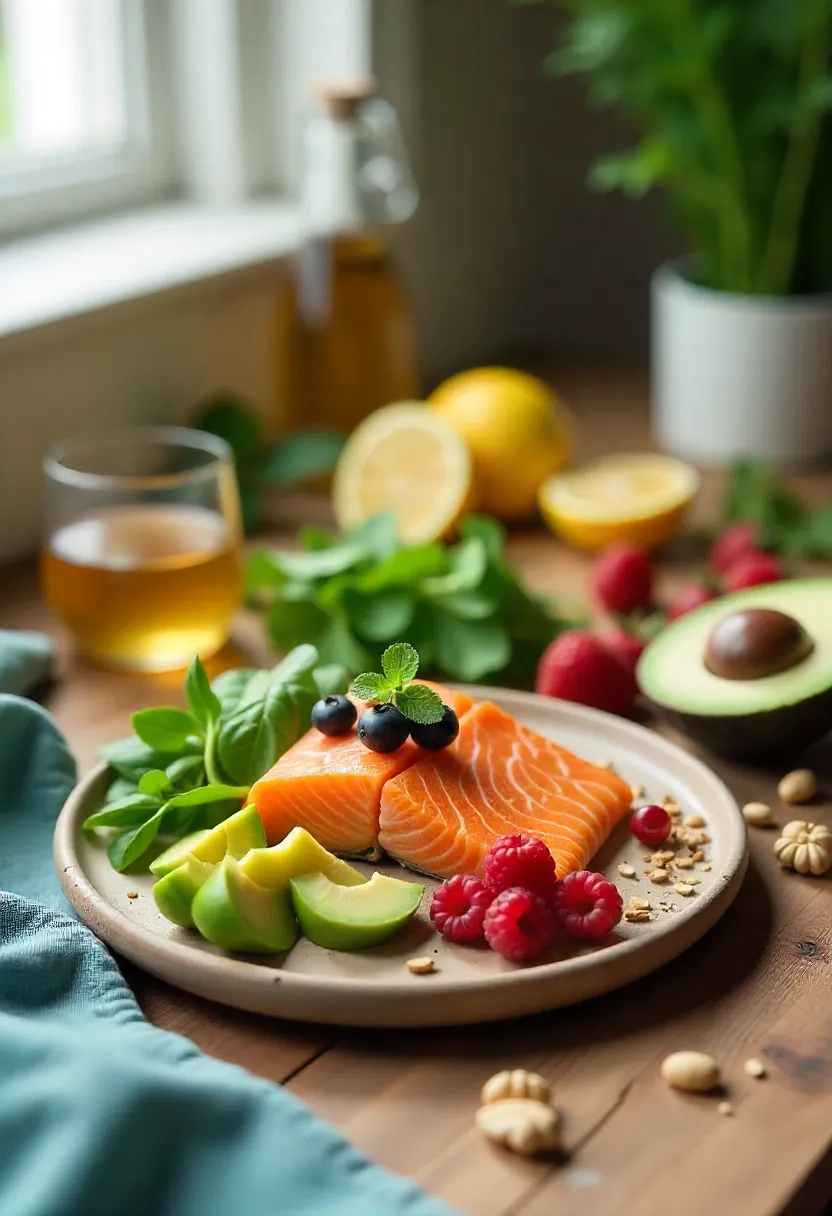 Healthy meal with salmon, leafy greens, avocado, nuts, berries, and whole grains, symbolizing hormone and heart-supportive eating in your 40s.