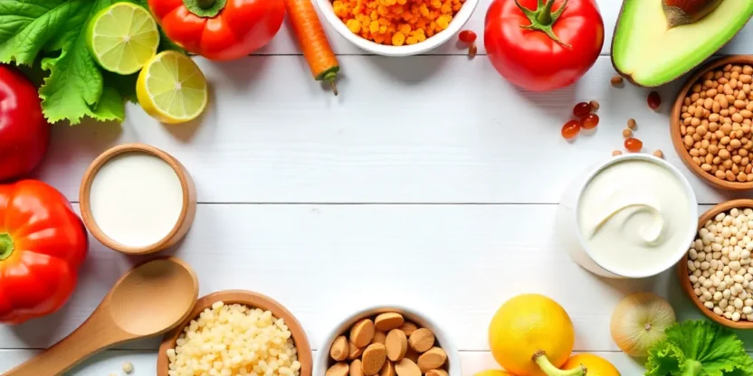 Colorful healthy foods that support gut health — fruits, vegetables, grains, and fermented foods arranged on a bright natural table.