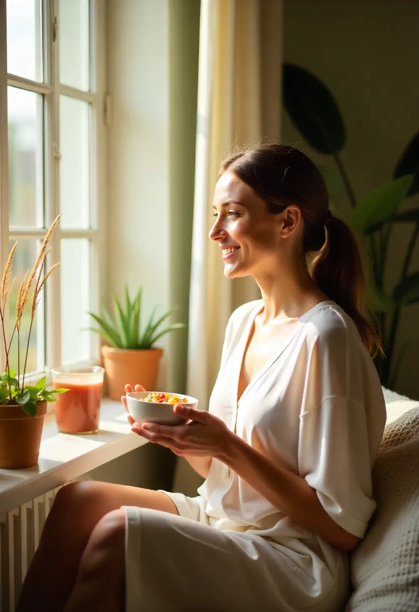 Person peacefully enjoying a healthy meal in natural light, symbolizing balanced, mindful living and a relaxed approach to healthy eating.