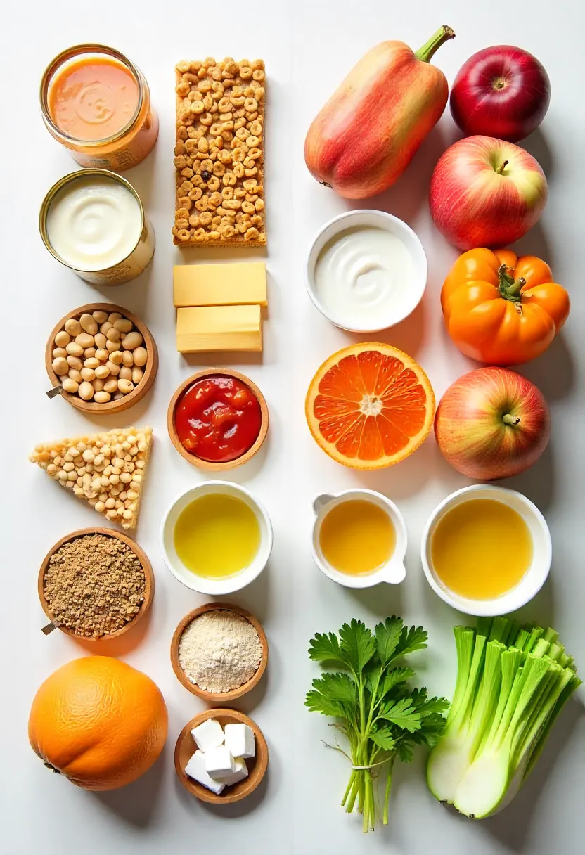 Contrast between misleading packaged foods high in salt, sugar, or fats and healthier whole-food alternatives like yogurt, beans, and grains.