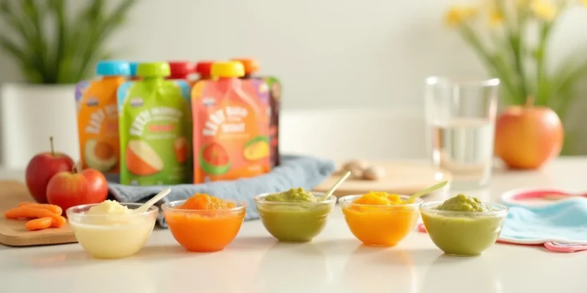 Colorful store-bought baby food pouches beside homemade purees of vegetables and fruits, showing the contrast between processed and natural options.