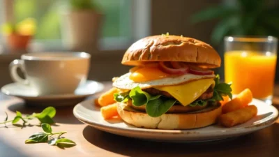 Homemade breakfast sandwich with crispy potatoes, fried egg, cheese, greens, and toast on a rustic plate with coffee.