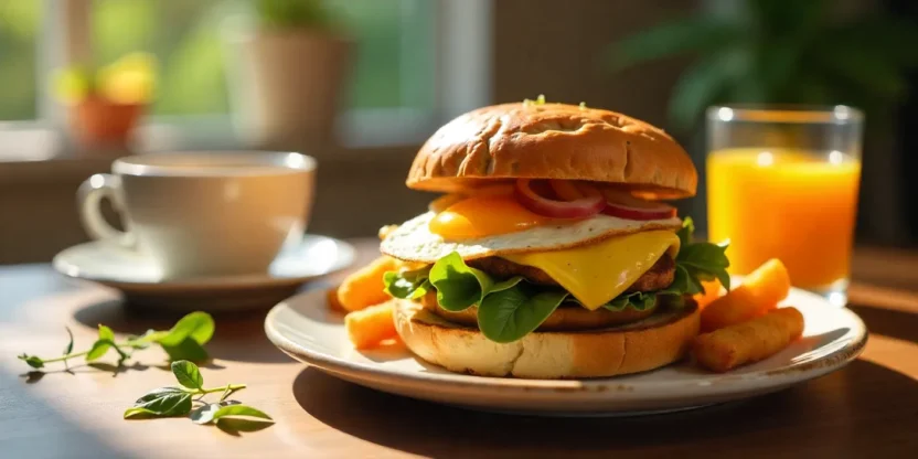 Homemade breakfast sandwich with crispy potatoes, fried egg, cheese, greens, and toast on a rustic plate with coffee.