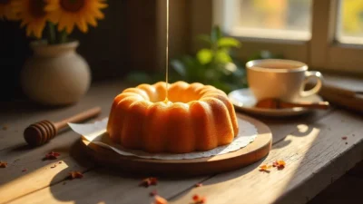 Homemade honey cake on a wooden table with spices, honey drizzle, and tea, evoking warmth and nostalgia.