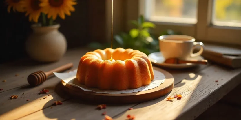 Homemade honey cake on a wooden table with spices, honey drizzle, and tea, evoking warmth and nostalgia.