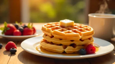 Golden crispy waffles with butter, syrup, berries, and coffee on a sunlit breakfast table.