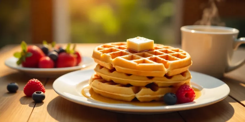 Golden crispy waffles with butter, syrup, berries, and coffee on a sunlit breakfast table.