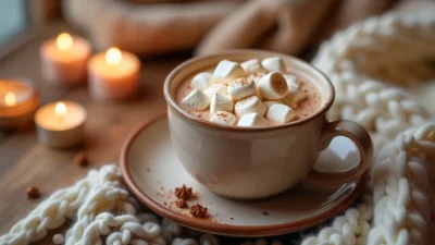 Cup of hot chocolate with marshmallows on a cozy table with candles and blankets.