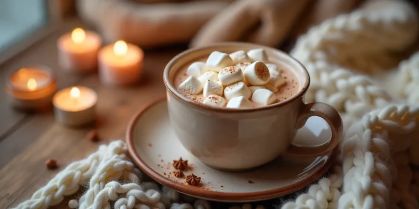 Cup of hot chocolate with marshmallows on a cozy table with candles and blankets.