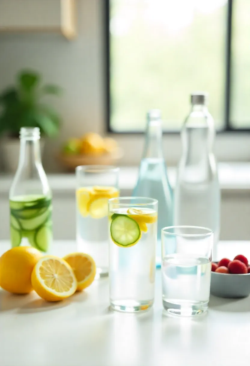 Different sizes of water glasses and bottles on a bright counter with fresh citrus and berries, symbolizing personalized daily hydration needs.