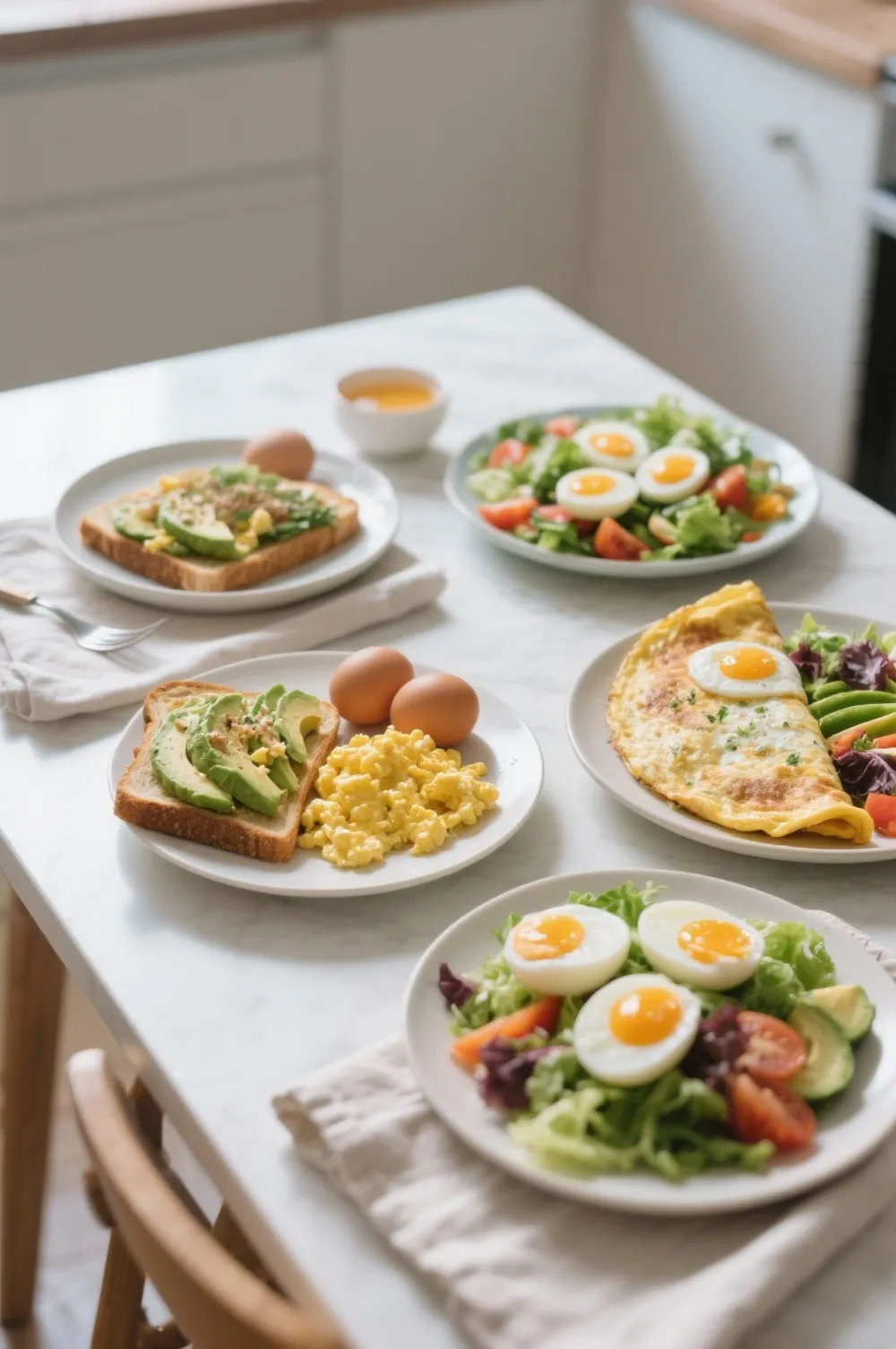 Assorted healthy meals featuring eggs, including avocado toast, omelet, and salad, symbolizing smart and balanced ways to include eggs in your diet.